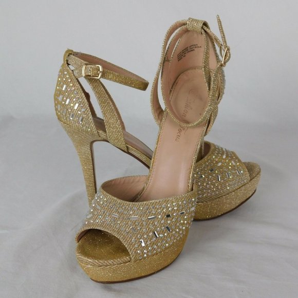 Fashion Focus Shoes - Fashion Focus Women Size 10 Gold Colored Rhinestone Peep Toe 5" Heel 1.5" Platfo